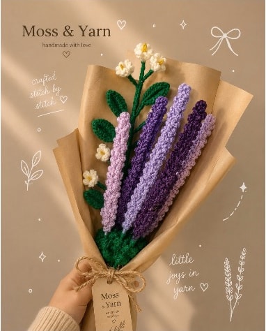 Handmade crochet Lavender Bouquet wrapped in kraft paper, Moss & Yarn, Bhubaneswar